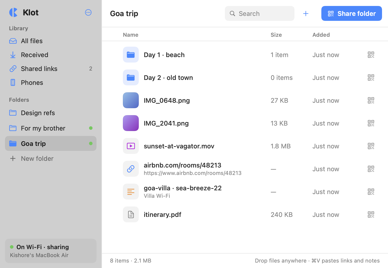Klot's window: a Goa trip folder with photos, a video, a link and a note