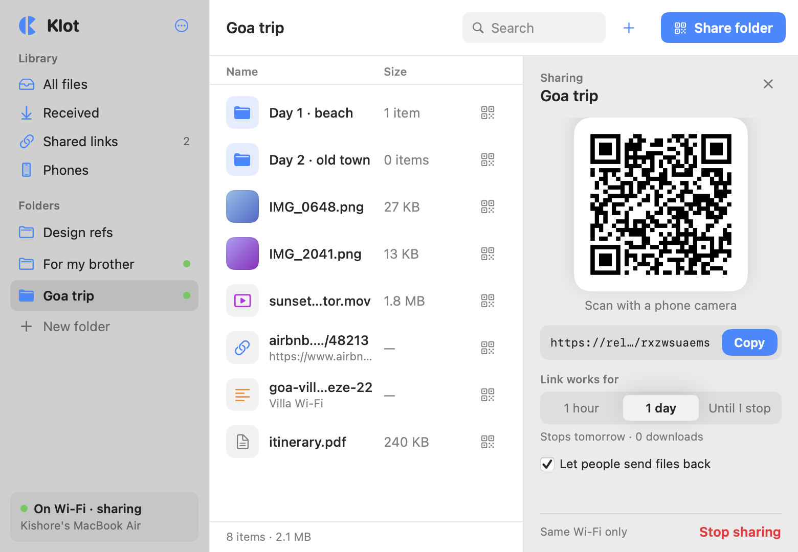 The share panel with a QR code and a link for the Goa trip folder
